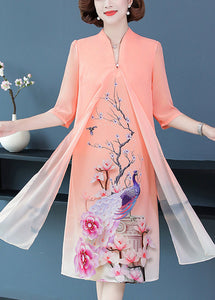 Light Orange Print Chiffon Dress Stand Collar Half Sleeve