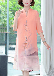 Light Orange Print Chiffon Dress Stand Collar Half Sleeve