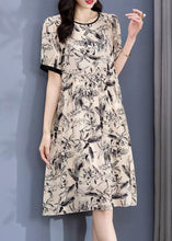 Load image into Gallery viewer, Loose Apricot O Neck Print Silk Dress Short Sleeve