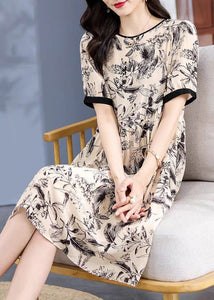 Loose Apricot O Neck Print Silk Dress Short Sleeve