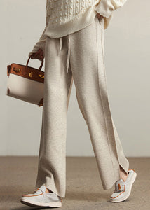 Loose Apricot Pockets Elastic Waist Woolen Pants Spring