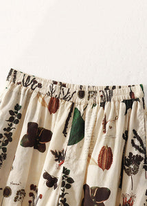 Loose Apricot Print Elastic Waist Cotton Wide Leg Pants Summer