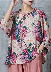 Loose Apricot Ruffled Print Linen Blouse Top Summer