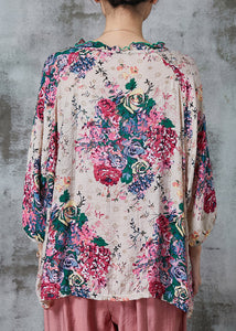 Loose Apricot Ruffled Print Linen Blouse Top Summer