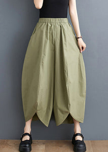 Loose Army Green Pockets Elastic Waist Cotton Crop Pants Fall