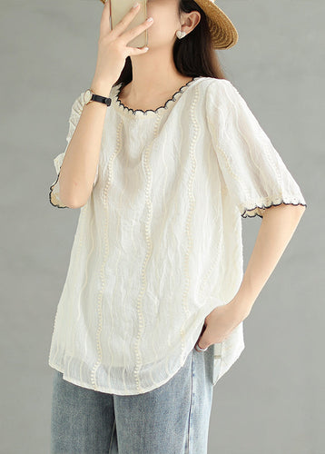 Loose Beige O Neck Embroidered Cotton T Shirt Summer