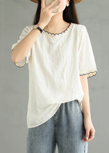 Load image into Gallery viewer, Loose Beige O Neck Embroidered Cotton T Shirt Summer