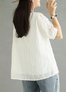 Loose Beige O Neck Embroidered Cotton T Shirt Summer