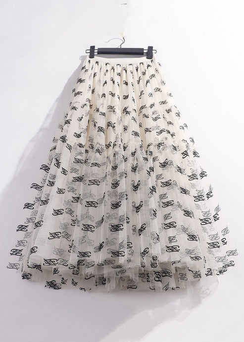 Loose Beige Print Elastic Waist Tulle Skirt Summer