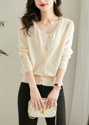 Loose Beige V Neck Knit Cardigans Long Sleeve