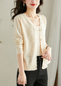 Loose Beige V Neck Knit Cardigans Long Sleeve