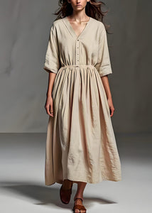 Loose Beige V Neck Wrinkled Patchwork Linen Long Dress Half Sleeve