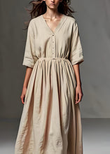 Load image into Gallery viewer, Loose Beige V Neck Wrinkled Patchwork Linen Long Dress Half Sleeve