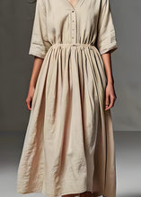 Load image into Gallery viewer, Loose Beige V Neck Wrinkled Patchwork Linen Long Dress Half Sleeve