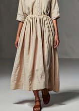 Load image into Gallery viewer, Loose Beige V Neck Wrinkled Patchwork Linen Long Dress Half Sleeve