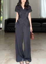 Load image into Gallery viewer, Loose Black Asymmetrical Wrinkled Silk Two Pieces Set Summer