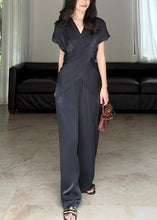 Load image into Gallery viewer, Loose Black Asymmetrical Wrinkled Silk Two Pieces Set Summer