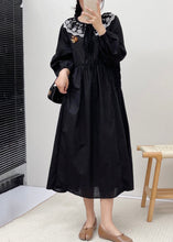 Load image into Gallery viewer, Loose Black Embroidered Lace Up Cotton Dress Spring