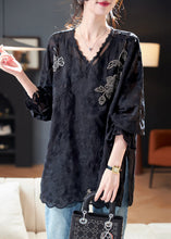 Load image into Gallery viewer, Loose Black Embroidered Nail Bead Silk Cotton Top Spring