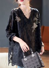 Load image into Gallery viewer, Loose Black Embroidered Nail Bead Silk Cotton Top Spring