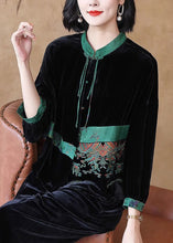 Load image into Gallery viewer, Loose Black Embroidered Button Silk Velour Top Long Sleeve