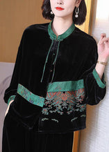 Load image into Gallery viewer, Loose Black Embroidered Button Silk Velour Top Long Sleeve