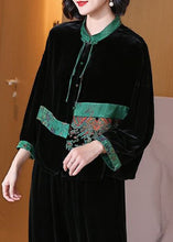 Load image into Gallery viewer, Loose Black Embroidered Button Silk Velour Top Long Sleeve