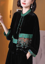 Load image into Gallery viewer, Loose Black Embroidered Button Silk Velour Top Long Sleeve