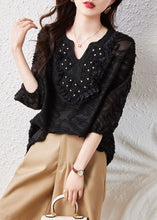 Load image into Gallery viewer, Loose Black Embroidered Nail Bead Patchwork Chiffon Shirt Tops Summer