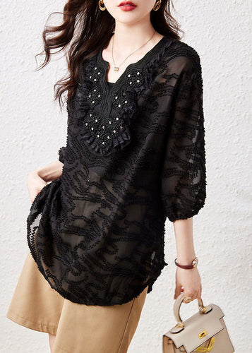 Loose Black Embroidered Nail Bead Patchwork Chiffon Shirt Tops Summer