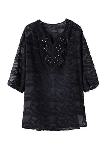 Loose Black Embroidered Nail Bead Patchwork Chiffon Shirt Tops Summer