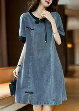 Load image into Gallery viewer, Loose Black O Neck Button Patchwork Denim Dress Summer