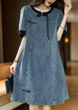 Load image into Gallery viewer, Loose Black O Neck Button Patchwork Denim Dress Summer