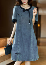 Load image into Gallery viewer, Loose Black O Neck Button Patchwork Denim Dress Summer