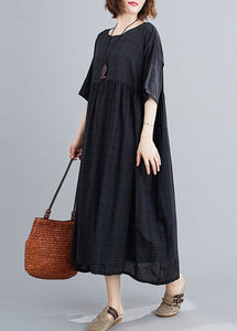 Loose Black O-Neck Plaid Patchwork Maxi Dresses Summer