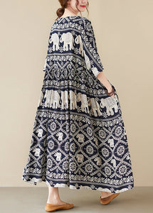 Loose Black O-Neck Print Maxi Dress Half Sleeve