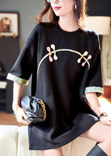 Load image into Gallery viewer, Loose Black O Neck Print Patchwork Cotton T Shirt Half Sleeve