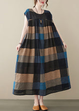 Load image into Gallery viewer, Loose Black Plaid O Neck Pockets Cotton Long Dresses Sleeveless