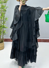 Load image into Gallery viewer, Loose Black Solid Ruffled Cotton Dresses Butterfly Sleeve