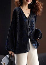 Load image into Gallery viewer, Loose Black V Neck Embroidered Button Velour Top Long Sleeve