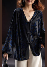 Load image into Gallery viewer, Loose Black V Neck Embroidered Button Velour Top Long Sleeve