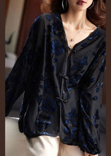 Load image into Gallery viewer, Loose Black V Neck Embroidered Button Velour Top Long Sleeve