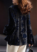 Load image into Gallery viewer, Loose Black V Neck Embroidered Button Velour Top Long Sleeve