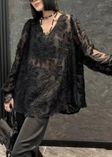 Load image into Gallery viewer, Loose Black V Neck Solid Chiffon Shirt Long Sleeve