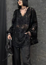 Load image into Gallery viewer, Loose Black V Neck Solid Chiffon Shirt Long Sleeve