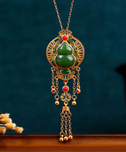 Load image into Gallery viewer, Loose Blackish Green Ancient Gold Jade Agate Tassel Pendant Necklace