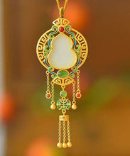 Load image into Gallery viewer, Loose Blackish Green Ancient Gold Jade Agate Tassel Pendant Necklace