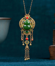 Load image into Gallery viewer, Loose Blackish Green Ancient Gold Jade Agate Tassel Pendant Necklace