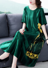 Load image into Gallery viewer, Loose Blackish Green O Neck Print Silk Long Dress Summer