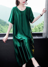 Load image into Gallery viewer, Loose Blackish Green O Neck Print Silk Long Dress Summer